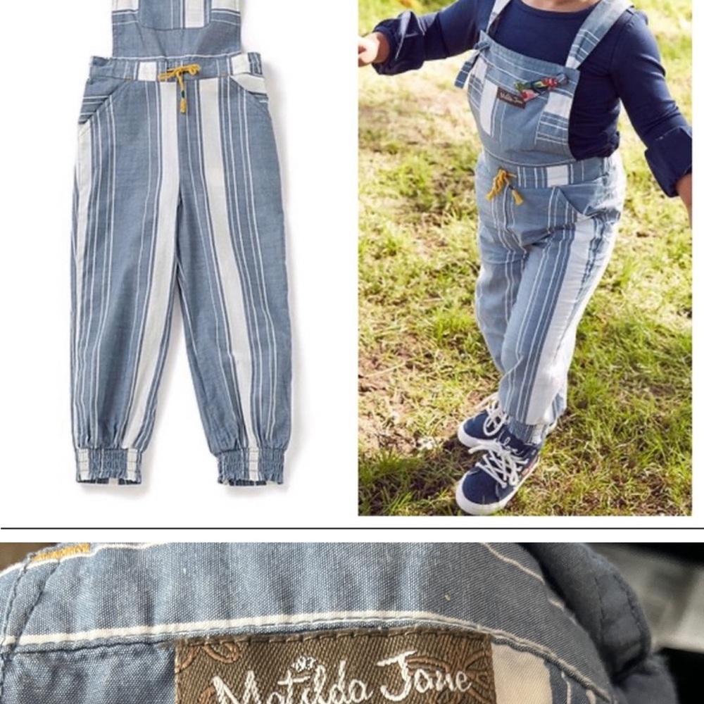 Matilda Jane Blue White Stripe Floral Fancy Free Overalls Smocked Cuffs Girls 4
